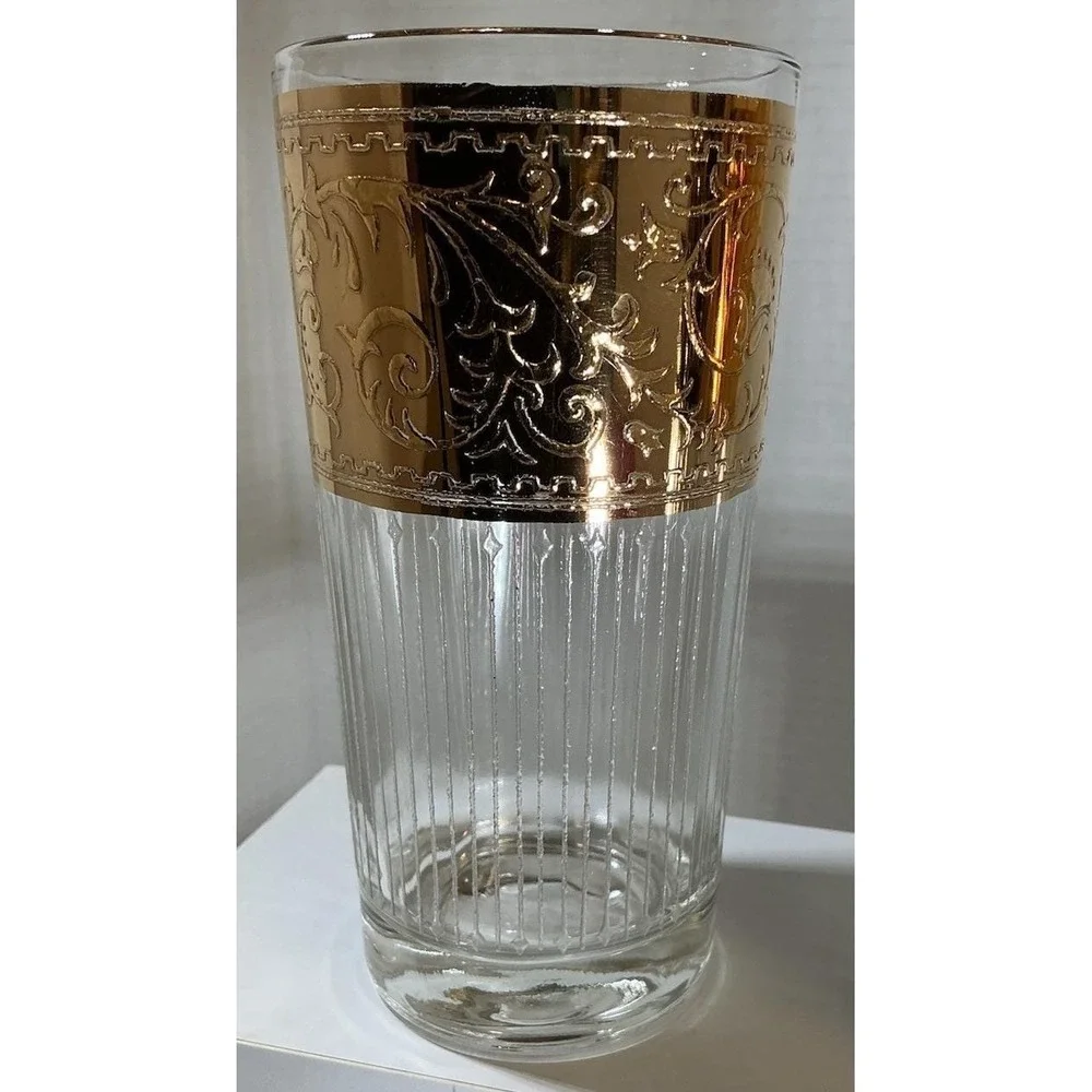 Vintage Gold Encrusted Floral Scroll‎ Highball Glasses Optic Ribbed Set of 4